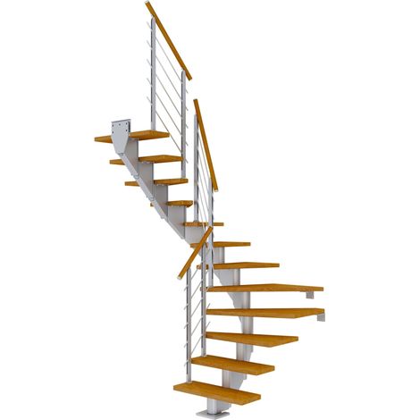 Dolle Mittelholmtreppe Hamburg 1/2 gewendelt Eiche, geölt 75 cm breit für GH 240 – 279 cm UK Metall Perlgrau mit Geländer