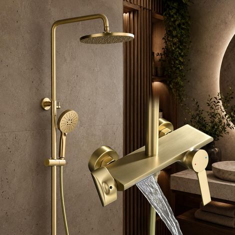 Colonne de Douche avec Mitigeur, Douche Pluie 26X26cm,Baignoire Cascade Ensemble de Douche avec Douchette à 3 Modes, Barre de Douche Extensible, Laiton (1/5)