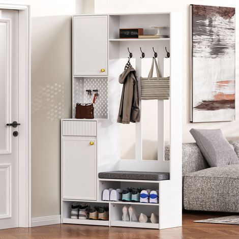 Ingresso con panca, 4 ganci, ante e cassetti, bianco (1/5)