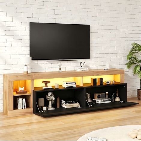 Mueble TV negro y madera con LED, 2 puertas abatibles, gran almacenaje, diseño moderno, 184 x 42 x 58 cm (1/5)
