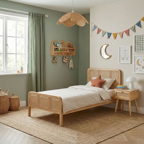 Chambre lit cannage enfant et chevet bois naturel ANNA 90x200 - ANNA (1/5)