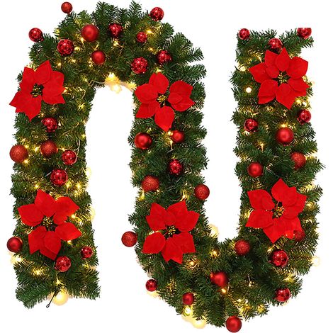 Guirlande De Noël En Rotin - Guirlande Artificielle Avec Fleurs Et Baies Rouges - Pour Arbre Escalier Rampe Fenêtre Porte - 270 Cm - 1 Pièce (1/5)