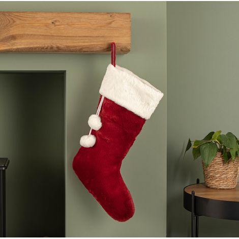 60cm Red Christmas Stocking with White Cuff and Pom Poms (1/5)