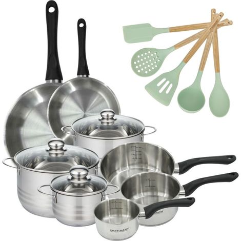 Lot de 2 Poêles 20/28 cm, 3 Faitouts 16/20/24 cm et 3 Casseroles 12/16/20 cm Fackelmann Généva et 5 ustensiles Océan (1/5)