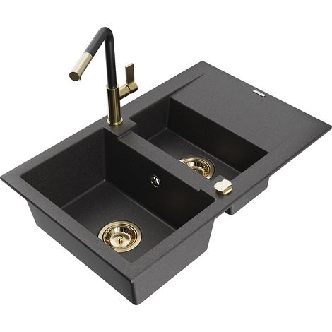 Mexen Gaspar 1,5-Becken-Granitspüle mit Abtropffläche und Mischbatterie Flora, Schwarz gesprenkelt - (1/5)