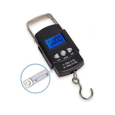 Báscula digital para equipaje/pesca con pantalla LCD retroiluminada y cinta métrica, función de tara automática y apagado automático, 110 lb/50 kg (1/5)