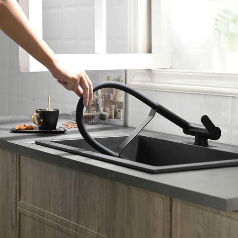 Robinet Cuisine Rabattable,Mitigeur Rabattable,Mitigeur Cuisine Rabattable,2 Modes D'évacuation De L'eau Robinet Cuisine Sous Fenêtre Pliable En Laiton (noir) (1/5)