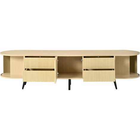 Meuble tv 180 x 40 x 45 cm design ovale aspect bois meuble de salon à rayures verticales 4 tiroirs 1 meuble fermé porte à enrouleur (1/5)