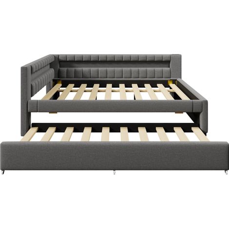Letto da giorno 140x200 cm con letto estraibile, LED, USB e Type-C in tessuto grigio MODENUIT (1/5)