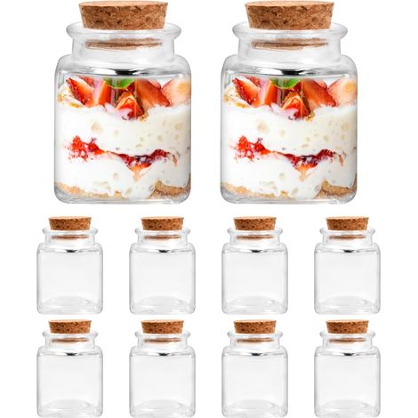 10 Pots à Épices en Verre 50ml avec Bouchon en Liège, Mini Bocaux Conservation Carré en Verre, Petite Bouteille Decorative, Bouteilles pour Mariage Fête Confitures Transparent (1/5)