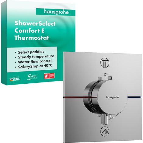 Mitigeur thermostatique, Robinet encastré avec arrêt de sécurité à 40°C, Thermostat carré, 2 sorties, Chromé (1/5)