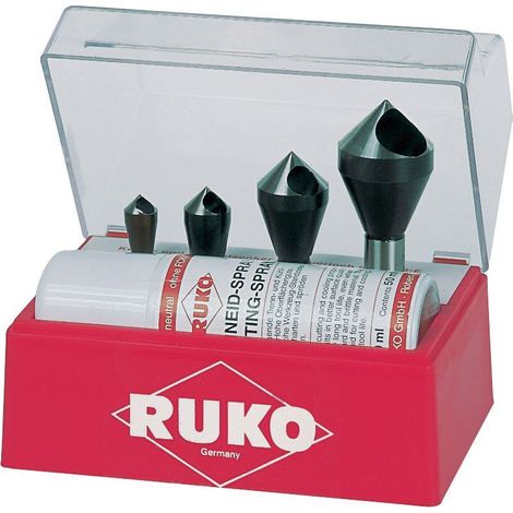 RUKO  Juego  de  avellanadores  cónicos  y  desbarbadores  con  orificio  transversal  de  5  piezas  HSSE-Co  5  en  casete  de  poliestireno  -  102310E