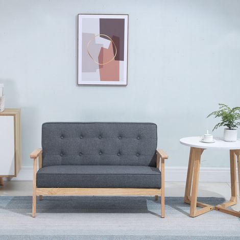 Sofá de 2 Plazas con Respaldo Cojines Acolchados Patas de Madera Antideslizantes Botones con Mechones 113x67x78 cm Gris (1/5)