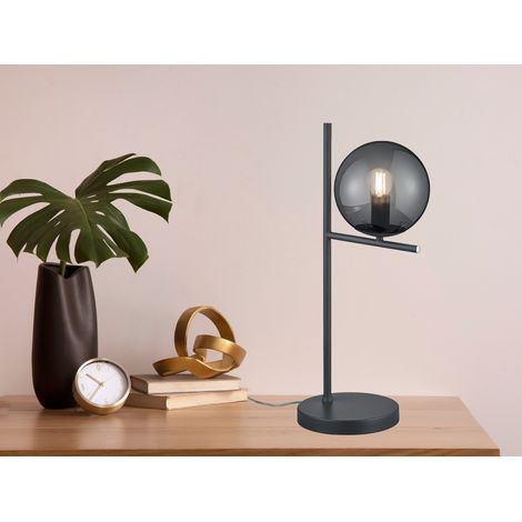Design LED Tischleuchte Anthrazit Lampenschirm Glaskugel Rauchfarbig, Höhe 52cm (1/5)
