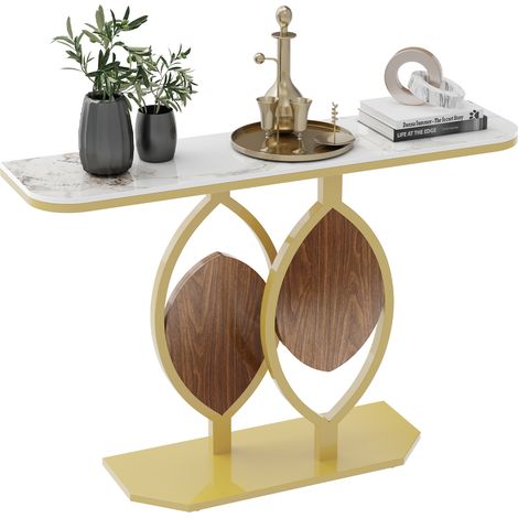 Unho – Console d'entrée en pierre frittée 120cm – Résistante aux rayures et hautes températures – Pied triangulaire en métal – Couleur jade doré (1/5)