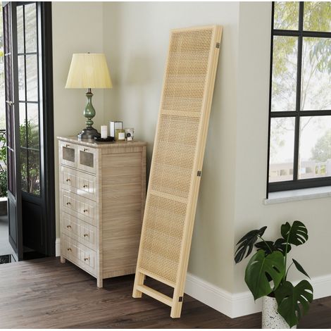 3-teiliger Paravent 135 x 180 cm, faltbar, aus PP-Rattan und Kiefernholz, natur, OKMYHOME (1/5)