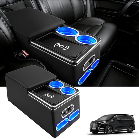 Console centrale avec boîte de rangement, accoudoir central universel Boîte de rangement pour console centrale, accoudoir d'accessoires de voiture avec lumières USB et LED, chargement sans fil (1/5)