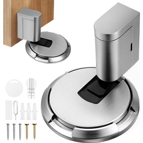 Cale Porte Bloc Porte, Butée de Porte Magnétique Lourde, Réglable Sans Perçage, Butée de Porte au Sol Mécanique avec Adhésif pour mur de Sol de Porte (Argent) (1/5)