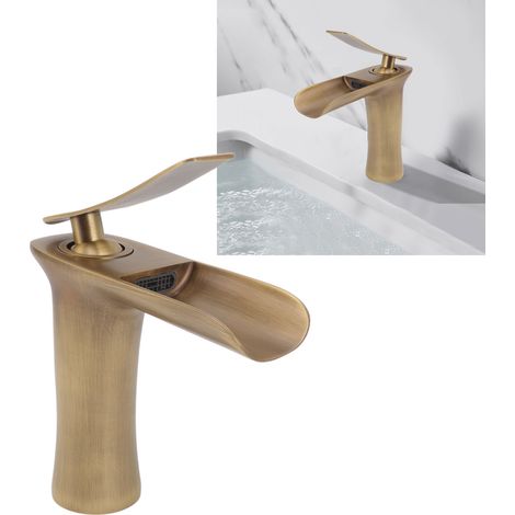 Robinet de lavabo monotrou, robinet cascade tout cuivre, mitigeur eau chaude/eau froide sous plan de travail (1/5)