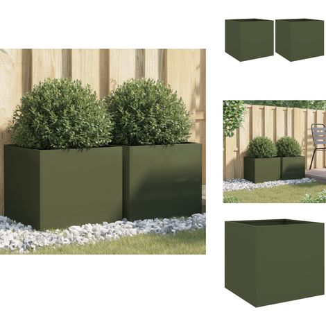 Pflanzkübel 2 Stk. Olivgrün 42x40x39 cm Stahl - Blumentopf - Gartendeko - Stahltöpfen - Hochbeet - Balkonpflanzen (1/5)