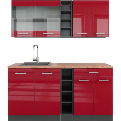 Singleküche R-Line, Bordeaux Hochglanz/Anthrazit, 160 cm , AP Eiche, Vicco