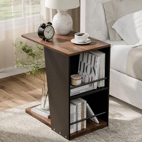 C-förmiger Beistelltisch, Holz Beistelltisch mit Stauraum und Ablage, Platzsparender Sofatisch für Sofa, C-from für Wohnzimmer Schlafzimmer, Walnuss (1/5)