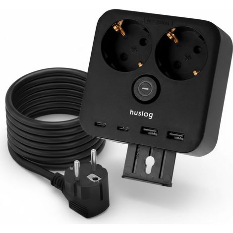 Multiprise Murale 2 Prises + 4 USB, Support téléphone, Noire (1/5)