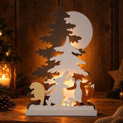 Decorazione natalizia a LED: riccio, coniglio, volpe, alimentata a batterie, con interruttore, in legno, altezza 44 cm (1/5)