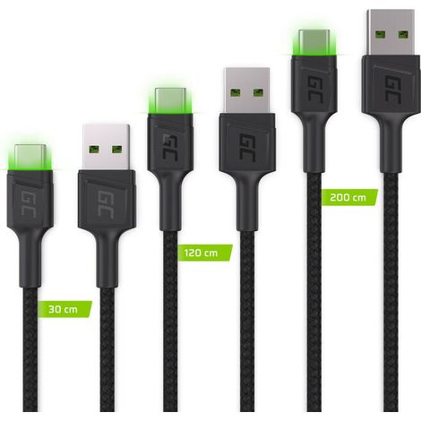 Cable USB-C tipo C de 30 cm, 120 cm y 200 cm con LED verde Cell Ray y carga rápida 3.0 (KABGCSET01) (1/3)