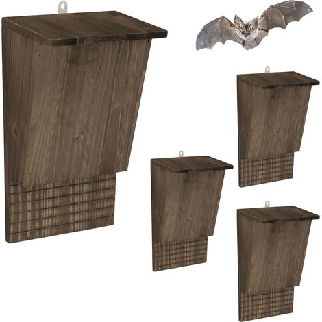 Relaxdays Set de 4 cajas para murciélagos, refugio HBT 34 x 22,5 x 12,5 cm, madera, marrón