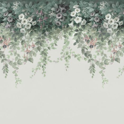 papier peint panoramique feuilles et fleurs gris vert et blanc  - Komar