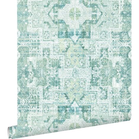 papier peint tapis patchwork kilim oriental vert menthe pastel clair grisé  - ESTAhome (1/5)