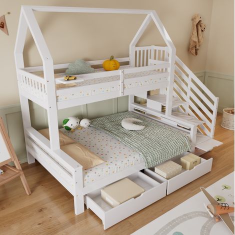 Letto a castello per bambini 252.5x144.5x213.5 cm, con armadio scala, 2 cassetti, tetto, legno massello e MDF, bianco (1/5)