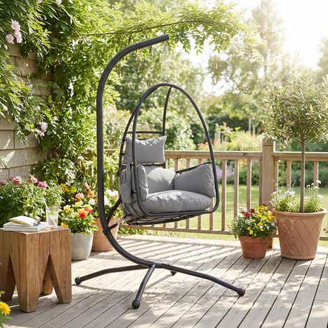 Silla Colgante Huevo con Soporte Cesta Plegable Reposacabezas Cojín Bolsillo Lateral Carga 120 kg Gris Oscuro (1/5)