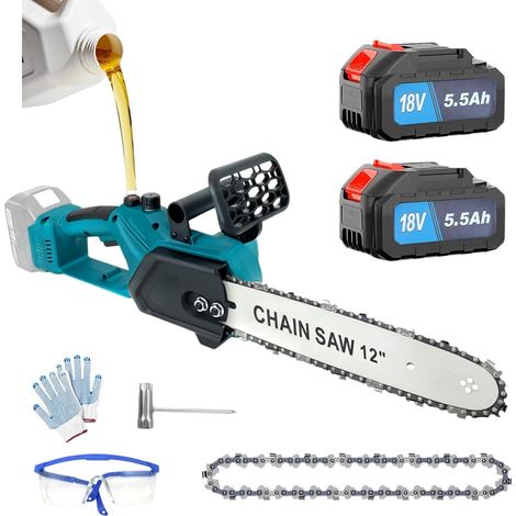 Bürstenlose Kettensäge 18v Kompatibel mit Makita Akku, 12 Zoll Akku Kettensäge mit 2 5500mah Akkus, Automatischer Öler, Einhand Kettensäges für Gartenscheren Astschere Holzschneidenz (1/5)