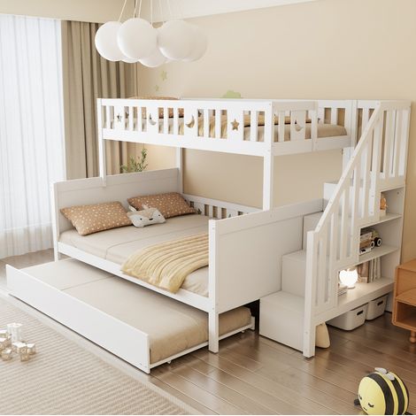 Litera infantil 252x145x160 cm blanca en madera maciza con escalera con almacenaje y cama extraíble (1/5)