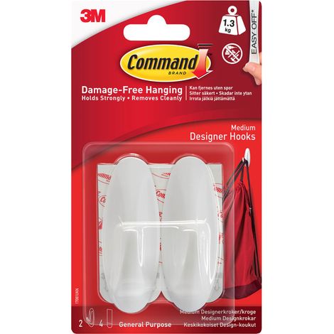 3M Command™ Medium White Designer Adhesive Hooks (Pack of 2) - Easy-to-Use Removable Wall Hooks