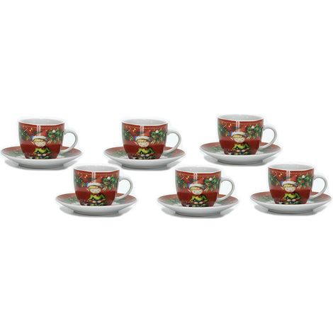 Set 6  Tazzine in Ceramica elfo Joy Fu gioia e felicità  Pezzi con Piattino Regalo Perfetto natalizio
