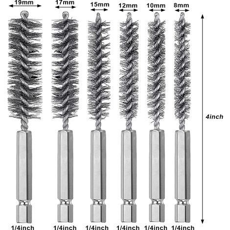 Lot de 6 brosses d'alésage en acier inoxydable de différentes tailles + 15 aiguilles de nettoyage en nylon, brosse métallique torsadée avec poignée de 6,35 mm à tige hexagonale pour tubes et ports