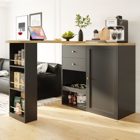 Table de bar extensible 138-204 cm avec 2 tiroirs,étagère à snacks,,rotation à 360°,Buffet de cuisine,noir (1/5)