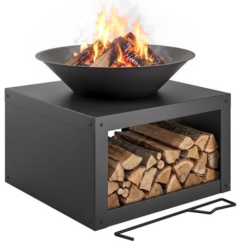 Mobliva Brasero rond noir, diamètre 59 cm, avec étagère à bois et tisonnier, compatible bois et charbon. (1/5)