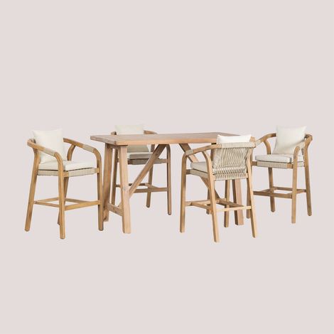 SKLUM Rechteckiges hohes Tischset 160x90 cm und 4 hohe Gartenhocker aus Akazienholz Dubai Gardenia Weiß Rustikales Akazienbraun
