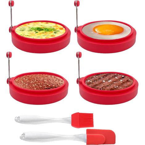 Lot de 4 cercles à œufs antiadhésifs en silicone avec 2 petits pinceaux pour faire frire des œufs, des crêpes et des omelettes, rouge (1/5)