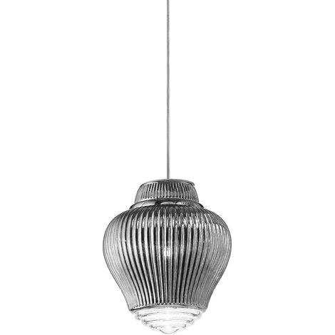 Clyde lampada a sospensione in vetro soffiato color argento, diametro 23 cm, finitura rigadin a rilievo, struttura in metallo grigio, alta 315 cm