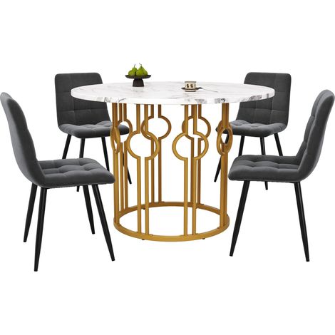 ELVMI Conjunto Mesa y Sillas con 1 Mesa Redonda y 4 Sillas, Tablero Efecto Mármol, MDF y Metal, Multicolor (1/5)