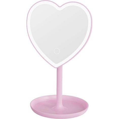 Herzförmiger LED-Schminkspiegel, berührungsempfindlich und mit Ablagefach, batterie- und USB-betrieben (nicht wiederaufladbar), für Schminktisch, Schlafzimmer und Badezimmer, rosa. (1/5)