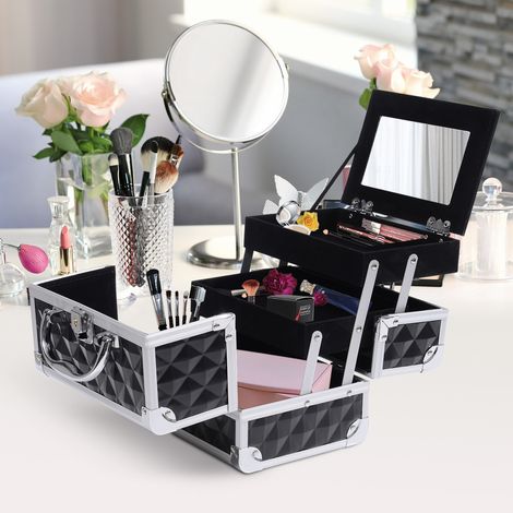 Coffret de rangement maquillage à 3 niveaux avec miroir verrouillable et 2 clés. Dimensions : 20 cm (L) x 15 cm (l) x 15 cm (H). Noir. (1/5)