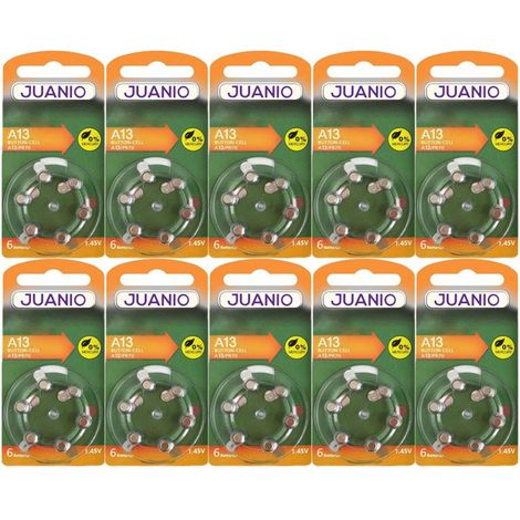 Lot de 60 Piles bouton Zinc Air Type 13 1,45V type A13/13 compatibles PR48 pour appareils auditifs - Juanio - (1/2)