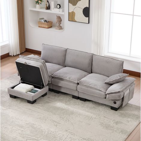 Sofá modular de 3 plazas en pana gris claro con puf, USB-C y bolsillos laterales OKWISH (1/5)