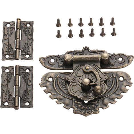 Antique gaufrage Hasp Verrou Serrure à verrou 2 pièces Charnière + 1 cadenas de style rétro, serrure à clé verrouillage, boîte à charnières et loquets avec 13 vis (1/5)